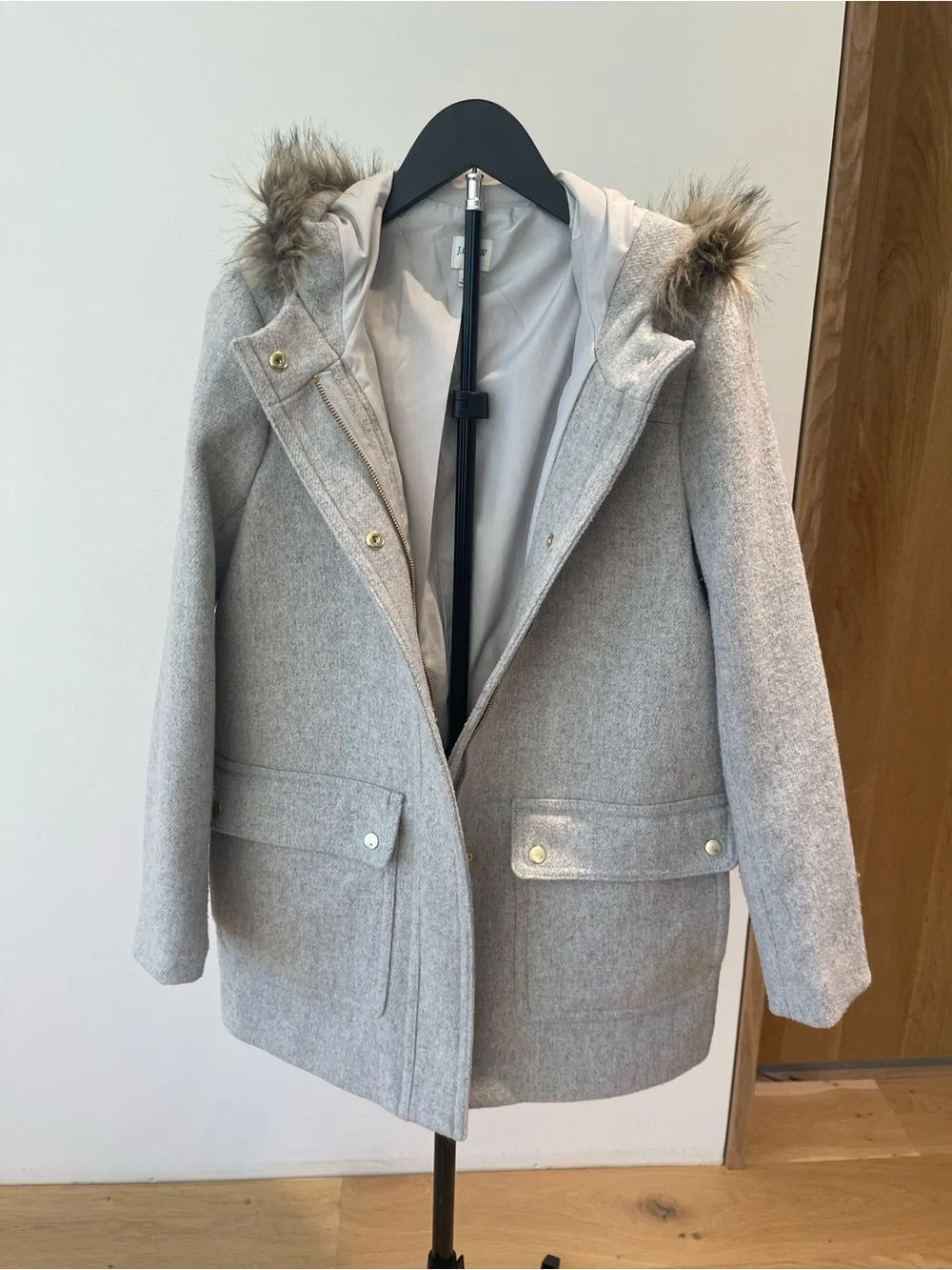 J. Crew Factory Light Gray Wool-Blend Duffel Coat with Faux Fur Hood - Picture 2 of 4